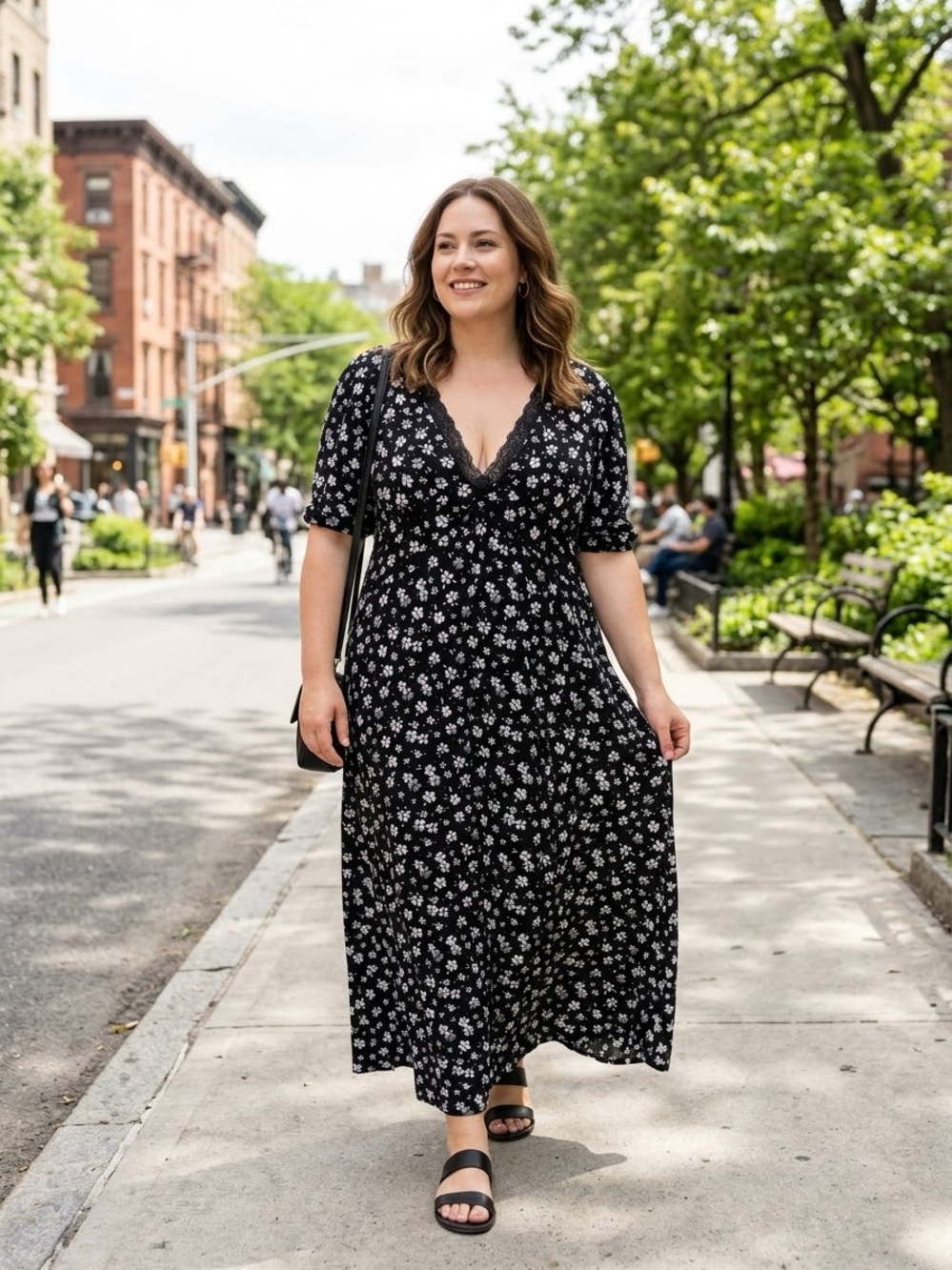 ASOS Curve Black Floral Lace-Trim V‑Neck Maxi Dress